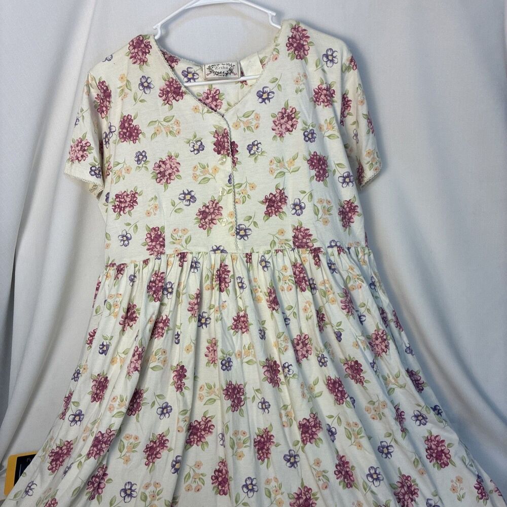 Erika Women M Floral White Multicolor Scoop Neck Midi A-Line Dress vintage 80s